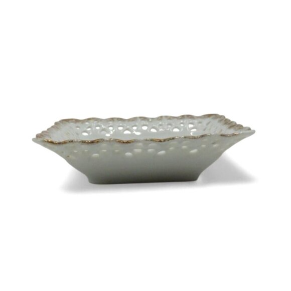 SQUARE Floral RETICULATED Small Bowl Dish Gold Accents Germany Vintage - Picture 2 of 8